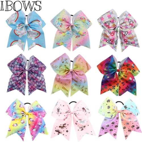 7 Inch Girls Mermaid Print Cheer Bows Grosgrain Ribbon School Hair Bow Elastic Rubber Hair Tie For Child Hair Accessories