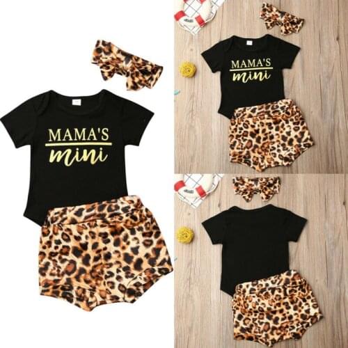 3PCS Newborn Infant Baby Girl Boy Outfits Clothes Letter Tops Romper+Leopard Tutu Shorts Pants+Headband Set 0-18M