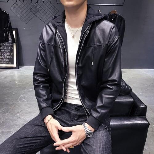 Leather Motorcycle Jackets Mens 2 Pcs Black Leather Bomber Jackets for Biker Mens Hooded Leather Coats Slim Fit 2019 Winter Coat