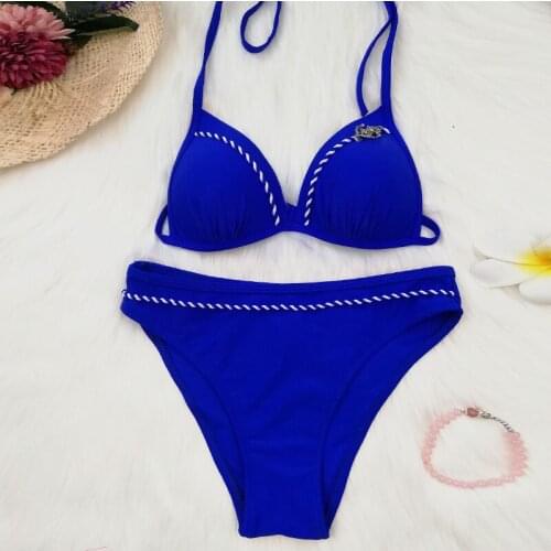 Micro 2019 New Bikini set Blue Bandeau Swimsuit Sexy Thong Bikini Women Swimwear Two-pieces Bather Bathing Suits Solid Color