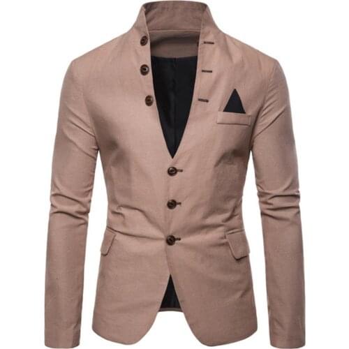 Men Blazer Solid Color Stand Collar Long Sleeve Business Suit Blazer 3 Button Pocket Slim All-match Jacket Coat costume homme
