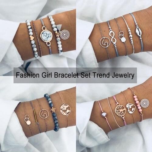 KISS WIFE Multiple Style Bohemian Beaded Bracelets Set 5Pcs/Set For Women Vintage Fashion Chain Strand Bracelets Jewelry Gifts