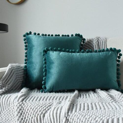 Sofa Throw Pillow Cushion Cover Solid Colore Velvet Pillowcase with Pom Pom 30X50cm Grey Pink Blue Sofa Home Decoration