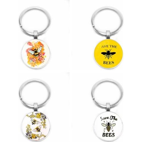 2019 New Cute Bee Collecting Honey Glass Round Keychain Fashion Car Key Ring Pendant Jewelry Gift