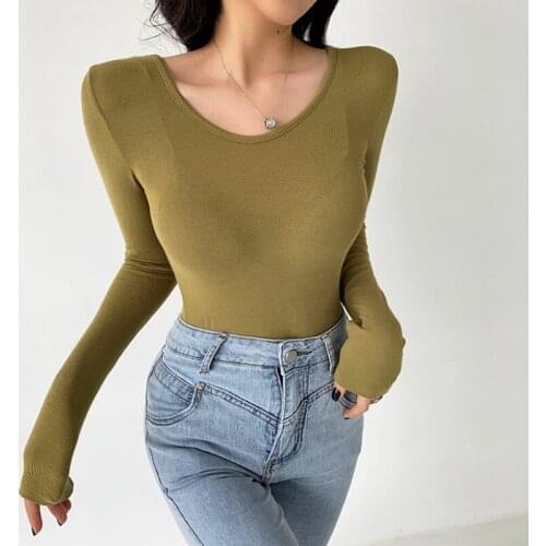 Autumn Long Sleeve Womens T shirts Slim Bodycon O Neck T-shirt Cotton Korean Fashion Soild Tee Shirt Femme Top Women 2021