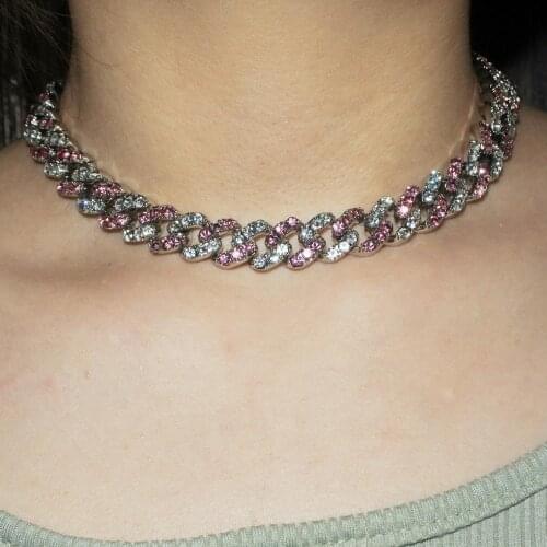 USA designs womens rose gold silver color pink crystal iced out cuban chain hip hop necklace punk 12mm miami link bling rapper