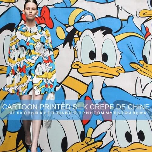 Pearlsilk 14momme Cartoon Duck Printed Crepe de Chine 100% Silk Materials Shirt Dress DIY clothes fabrics Freeshipping