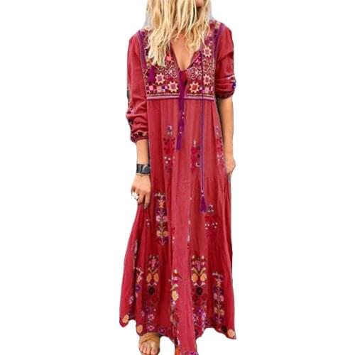 New Ladies Dress Positioning Print Long-sleeved Loose Dress Spring Summer Sexy Deep V-neck Long Dress Bohemian Beach Dresses