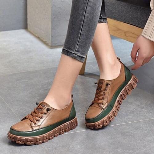 Retro Color Matching Genuine Leather Shoes Womens Thick-soled 2021 Spring Cowhide British Style Casual Low-top Shoes