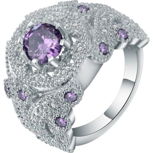 Luxury Purple Cubic Zirconia Bead Charms Design Finger Ring Silver Color Exaggerated Big Wedding Bands Engagement Ring Women