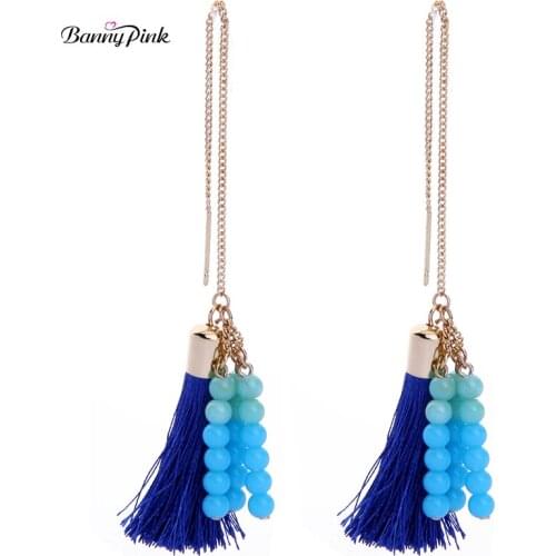 Ethnic Long Tassel Studs Earrings For Women Bohemia Long Metal Chain Post Earrings Fashion Jewelry Pendiente Long Line Earrings