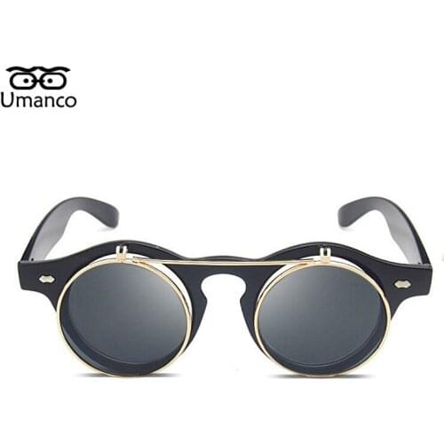 Umanco Double Clamshell Round Retro Sunglasses Women Men Vintage Fashion Steampunk Sun Glasses Metal Goggles Windproof Eyewears