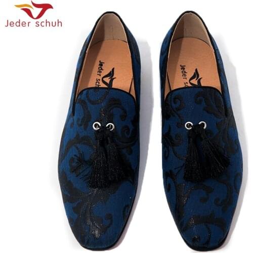 Jeder Schuh Jacquard Fabric For MenS Shoes With Black Tassels Fashion Party And Wedding Loafers Hand-Smoking Slippers