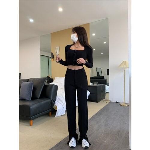 2021 New Flare Pants Women Trousers Front Split Leg Straight Ladies Work Korean Clothes Streetwear Black Bell Bottom Pants