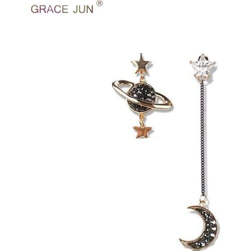GRACE JUN Korea Style Fashion Double Star Clip on Earrings No Pierced for Women Vintage Rhinestone CZ No Ear Hole Earrings New