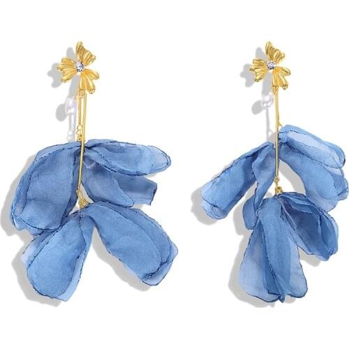 New za Pearl Jewelry Statement Big Blue Lace Flower Dangle Earrings For Women Fashion Accessories Long Earring Oorbellen