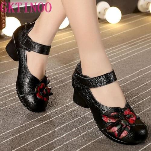 GKTINOO 2020 Spring and summer Ethnic Style Genuine Leather Handmade Shoes Women Mid Heels Pumps Round Toe High Heels