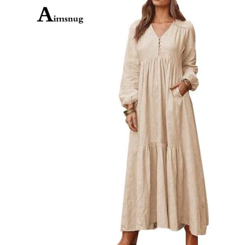 Plus Size Women Elegant Long Dress Latest Single-Breasted V-neck Cotton Linen Party Dresses 2021 Ladies Casual Loose Maxi Dress