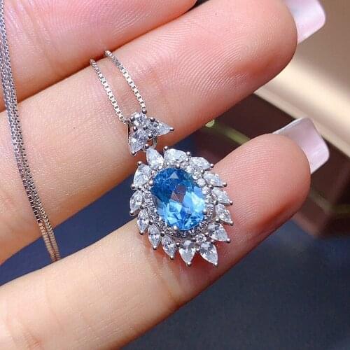 Chic Sea Blue Topaz Aquamarine Gemstones Diamonds Pendant Necklaces for Women 14k White Gold Silver Color Choker Jewelry Gifts