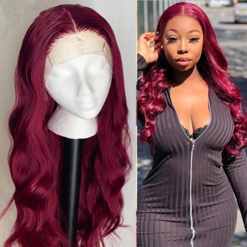 180% Dark Wine Body Wave Lace Front Wig For Black Women Human Remy Hair With Babyhair Preplucked Brazilian Deep Part Burgundy