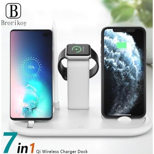 7in1 Qi Wireless Charger Station For Apple Watch 5 4 3 Airpods 1 2 Charging For iPhone 11 Pro Xs For Xiaomi Phone Stand Holder