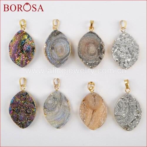 BOROSA 10PCS Fashion Gold Color Marquise Rainbow Titanium Galaxy Druzy Quartz Pendant Beads for Necklace Jewelry G1613