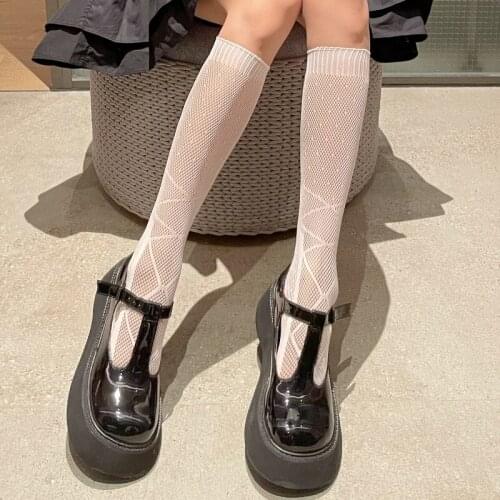 White Black Women Stockings Cute Lolita Girl Lace Bow Dot Fishnet Stockings Mesh Knee High Socks Dress Wear Medias De Mujer