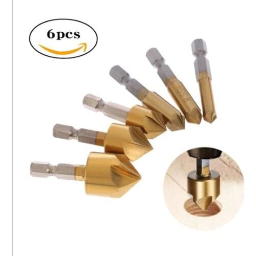 6pcs/set Flute Chamfer Countersink Round 1/4" Hex Shank HSS 90 Degree Wood Chamfering Cutter 6mm-19mm Countersink Drill Bit