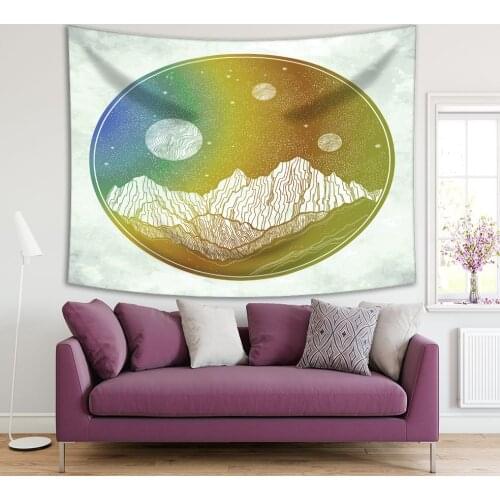 Tapestry Mountains and Night Sky with Stars Moon Planets in Circle Shape Surrealistic Artwork Blue Green White