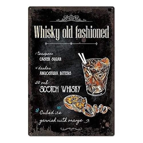 Cocktail Recipe Whisky Old Fashioned Novelty Parking Retro Metal Tin Sign Plaque Poster Wall Decor Chic Gift Suitable 12x8 Inch
