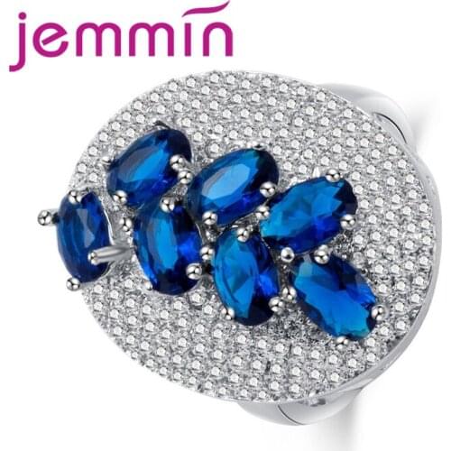 Oval Blue Crystal Full CZ 925 Sterling Silver Wedding Ring Elegant Generous Round Geometric Ornaments Women Jewelry