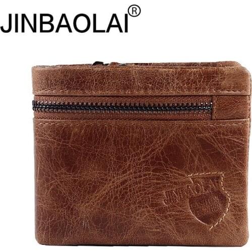 JINBAOLAI Men Genuine Leather Wallet Quality Designer Short Male Wallet with Coin Zipper Purse 3 Fold Credit Card Holder Wallets