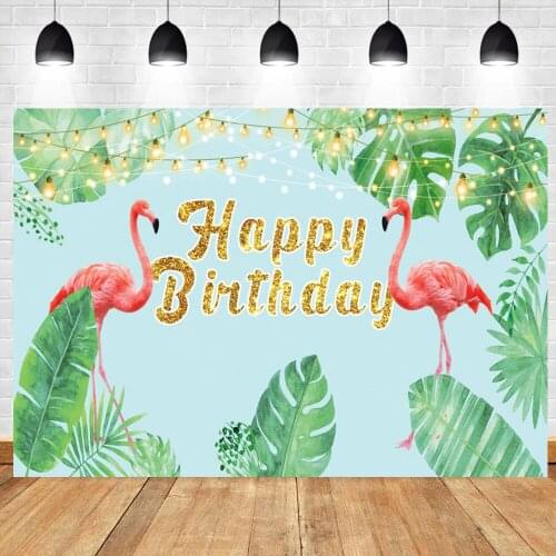 Laeacco Flamingo Happy Birthday Backdrop For Photography Summer Tropical Palm Tree Jungle Birthday Party Baby Photo Background