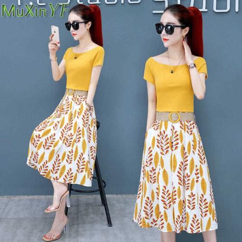 Summer Dress Suit 2021 New One-shoulder Short-Sleeved T-Shirt Crop Top High Waist Skirt 2 Piece Womens Cotton Plus Size Skirts
