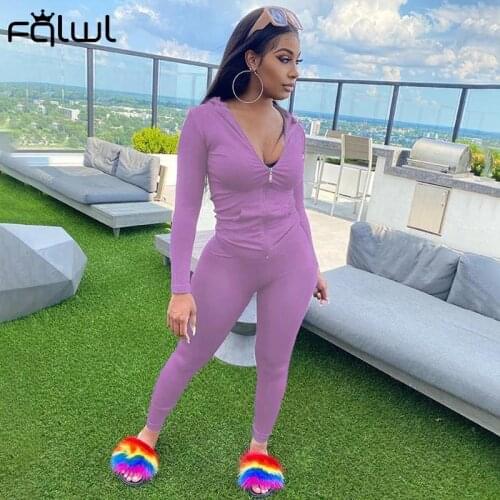 FQLWL Summer Streetwear 2 Two Piece Sets Womens Outfits 2021 Long Sleeve Zipper Top Skinny Pants Suits Solid Tracksuit Women
