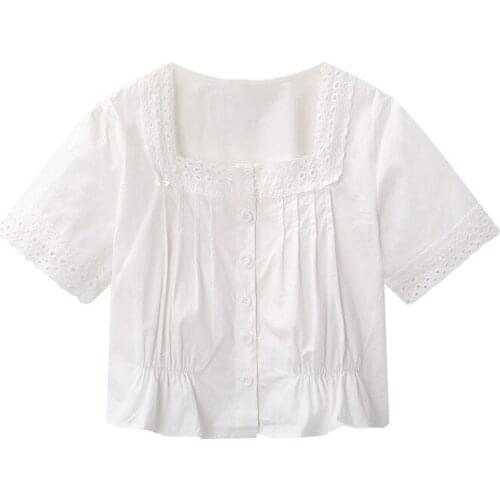 Sweet Women Soft Cotton Square Collar T-shirt 2021 Summer Fashion Ladies Cute T-shirt Female Solid Color Straight Short Top