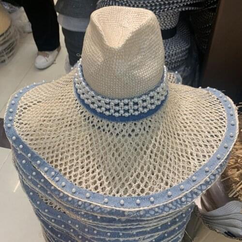 Fashion Custom Hollow Out Cowboy Hats For Women Men Weaving Denim Pearl Ribbon Lady Panama Sun Casual Holiday Summer Beach Hat