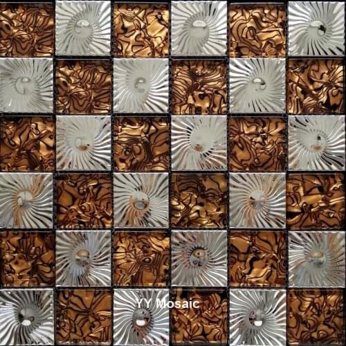 Metal Flower mixed Brown Glass Mosaic Tiles, for kitchen backsplash living room TV background waist line Wallpaper