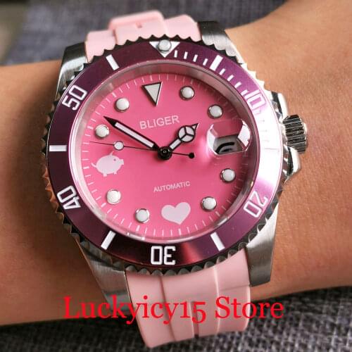 BLIGER Pink 40mm Mechancial Men Watch NH35A Movement Rotating Bezel Ring Brushed Case Sapphire Glass