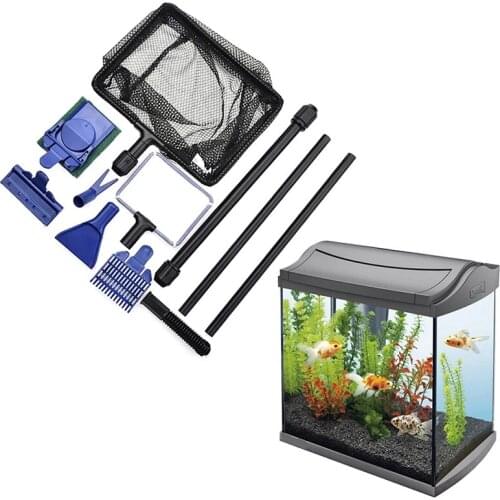 A 6 In 1 Aquarium Tank Cleaner Set Fish Net Gravel Rake Algae Scraper Grass Fork Sponge Brush Glass Fish Tank Cleaning Tools