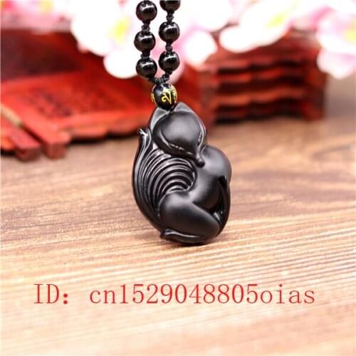 Natural Black Obsidian Fox Pendant Beads Necklace Fashion Charm Jewellery Hand-Carved Lucky Amulet Gifts for Women Men