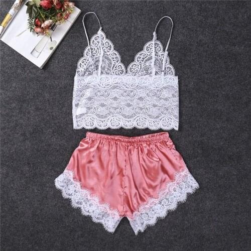 Perspective Sleepwear Women Lace Satin Wireless Bra Camisole Pajamas Bowknot Set Lace fun satin suit pajamas nachtkleding