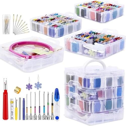 LMDZ Embroidery Starter Kit Punch Needle Tool with Embroidery Floss Cross Stitch Threads Floss Bobbin Storage Box for Embroidery