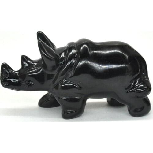 3" Stone Carving Black Obsidian Rhinoceros Figurine Healing Crystal Sculpture Fengshui Reiki Decor