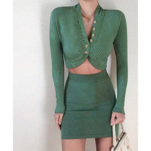 Urifens Women Long Sleeve Tight Knitted Crop Top Coat 2021 Spring Autumn Solid Slim V-neck Sexy Short Sweater Cardigan BT77U