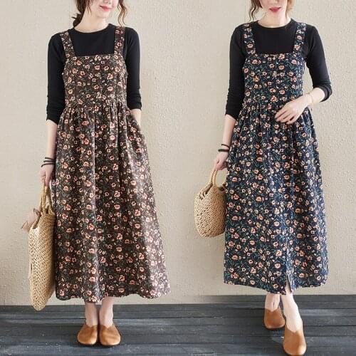Korea Style Sleeveless Vintage Girls Chic Strap Dress Cotton Linen Print Floral Outwear Autumn Dress Women Casual Spring Dress