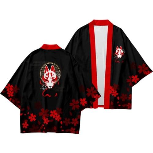 Japanese Fashion Kimono Plus Size 6XL Black Fox Printing Pants 2pcs Set Kimono Men Cardigan Blouse Haori Obi Harajuku Streetwear