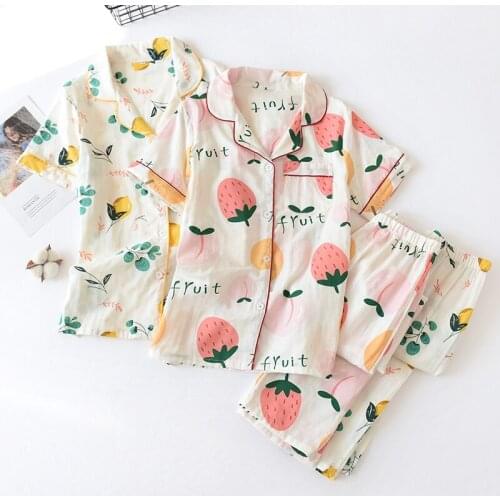 Womens Pajamas Thin Cotton Short Sleeve Sleepwear Cotton Gauze Home Service Set Loose Two-Piece Set bathrobe pijamas women