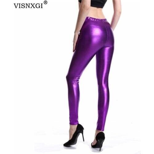 VISNXGI Women Glitter Skinny Faux Patent Leather Leggings Pencil High Waist Shiny Gold Push Up Punk Pants Plus Size Jegging