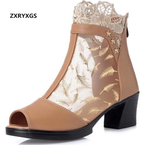 2020 Summer Breathable Mesh + Cowhide Splice Summer Leather Sandals Women Sandals Summer Shoes Fashion Sandals High Heel Sandals